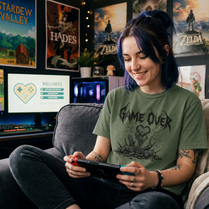 Translation missing: en.Military green gamer t-shirt with heavy metal Game Over text, a skeleton hand holding a pixel heart, and controllers