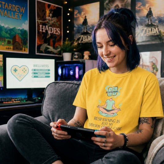 Translation missing: en.Daisy gamer tee with a meditating person graphic and text Respawning is just my version of self-care