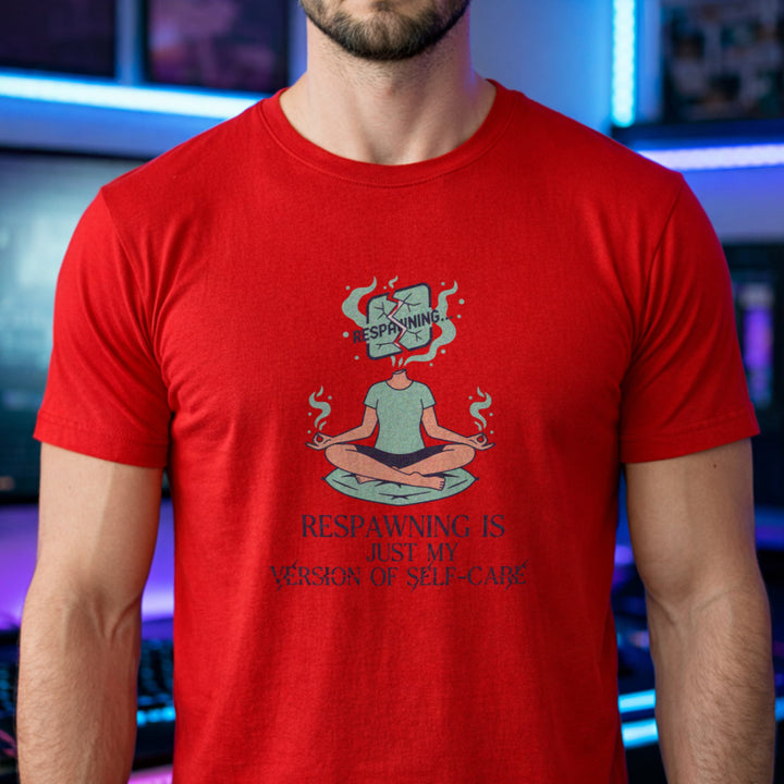 Translation missing: en.Red gamer tee with a meditating person graphic and text Respawning is just my version of self-care