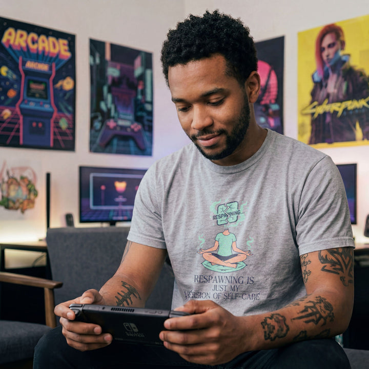 Translation missing: en.Sports grey gamer tee with a meditating person graphic and text Respawning is just my version of self-care