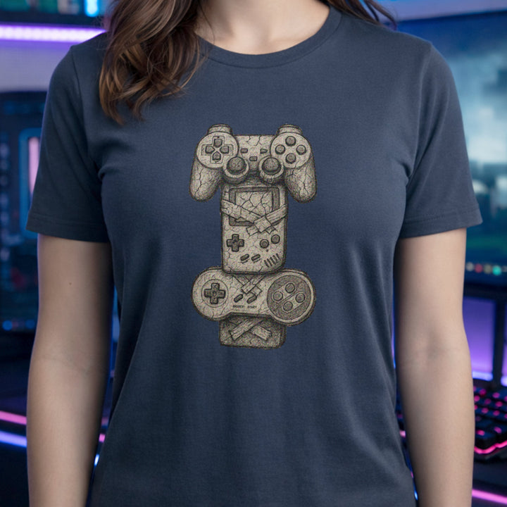 Translation missing: en.Heather navy t-shirt with a sketch graphic of stacked, cracked stone game controllers taped together like a totem pole