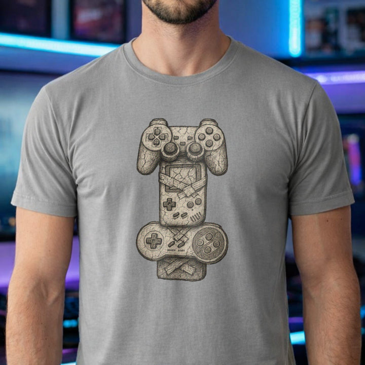 Translation missing: en.Sports Grey t-shirt with a sketch graphic of stacked, cracked stone game controllers taped together like a totem pole