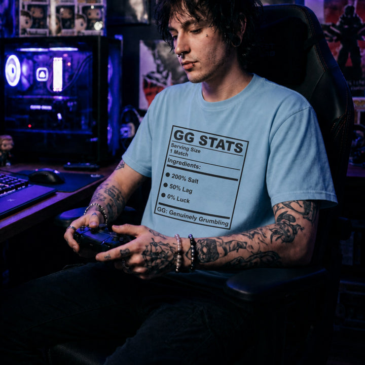 Translation missing: en.Light blue gamer shirt text GG Stats Serving Size 1 Match Ingredients 200% Salt 50% Lag GG Genuinely Grumbling