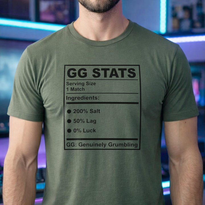 Translation missing: en.Military green gamer shirt text GG Stats Serving Size 1 Match Ingredients 200% Salt 50% Lag GG Genuinely Grumbling