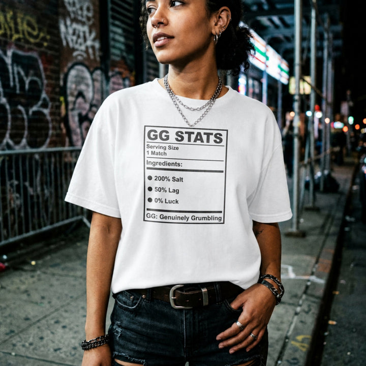 Translation missing: en.White gamer shirt text GG Stats Serving Size 1 Match Ingredients 200% Salt 50% Lag GG Genuinely Grumbling