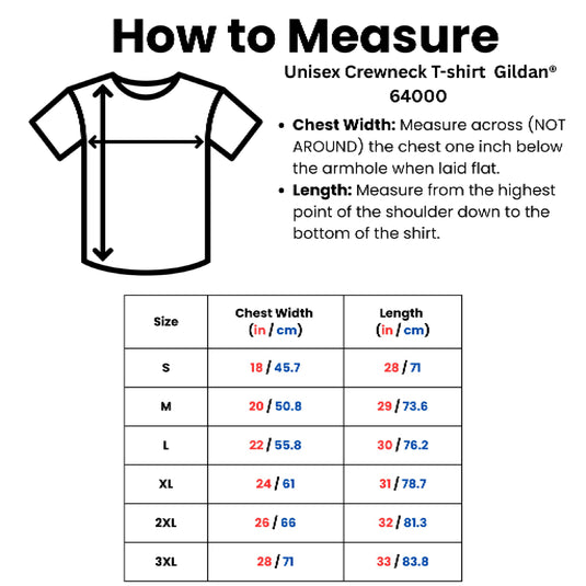 Translation missing: en.Measurement guide for Gildan 64000 unisex crewneck t-shirt with diagram and size chart