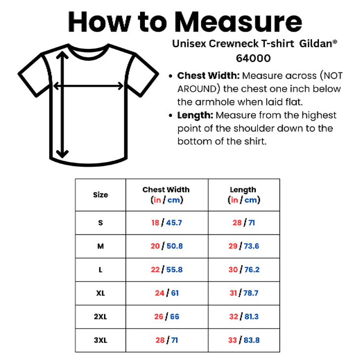 Translation missing: en.Measurement guide for Gildan 64000 unisex crewneck t-shirt with diagram and size chart