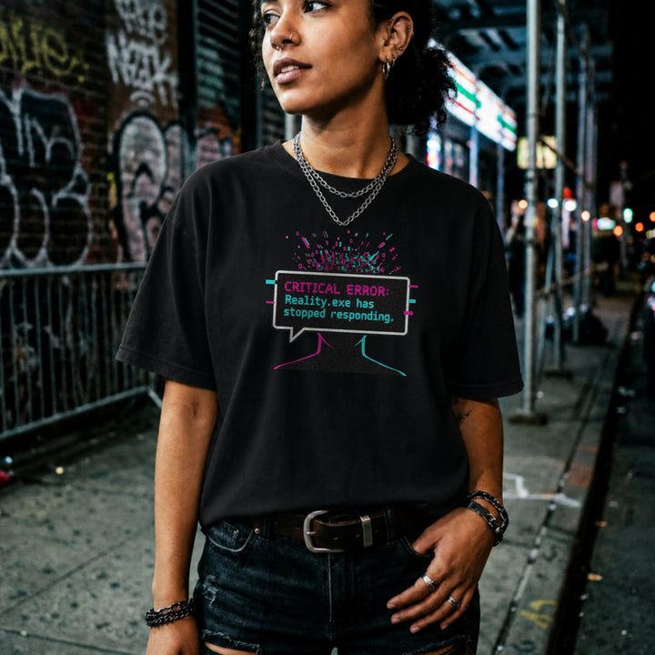 Translation missing: en.Black graphic tee with glitch art text box reading CRITICAL ERROR: Reality.exe has stopped responding