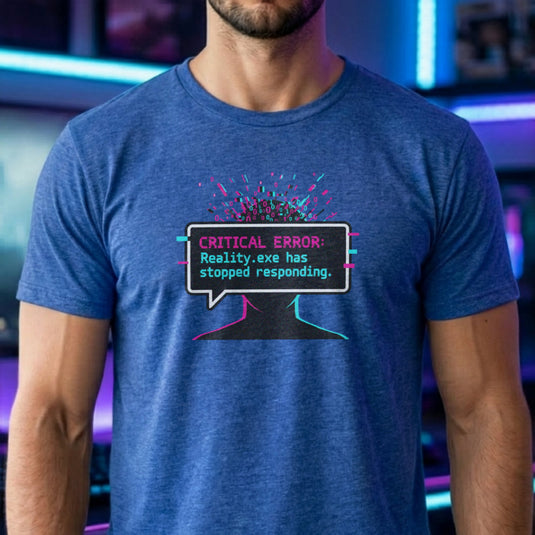 Translation missing: en.Heather royal graphic tee with glitch art text box reading CRITICAL ERROR: Reality.exe has stopped responding