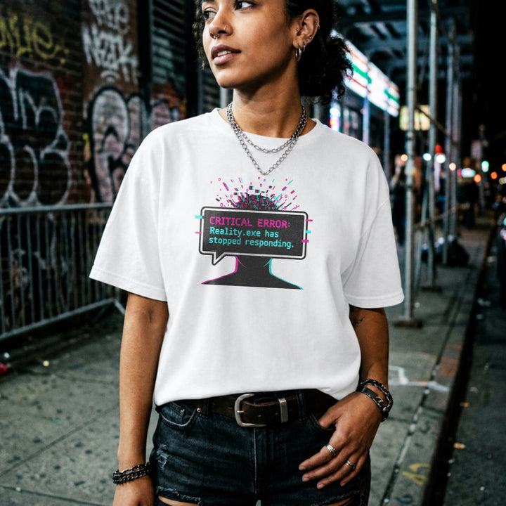 Translation missing: en.White graphic tee with glitch art text box reading CRITICAL ERROR: Reality.exe has stopped responding