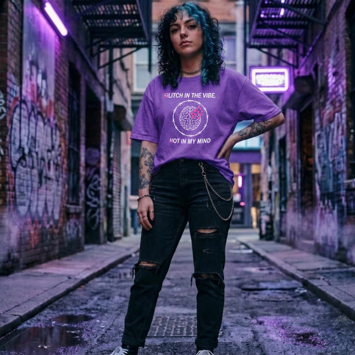 Translation missing: en.Purple tee with Glitch In The Vibe text, a pixelated brain inside barbed wire, and text Not In My Mind