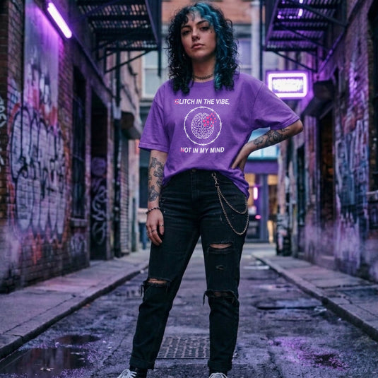 Translation missing: en.Purple tee with Glitch In The Vibe text, a pixelated brain inside barbed wire, and text Not In My Mind