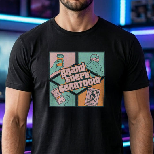 Translation missing: en.Black gamer tee graphic Grand Theft Serotonin with a wanted poster, low battery phone, sleeping pills, and person in blanket
