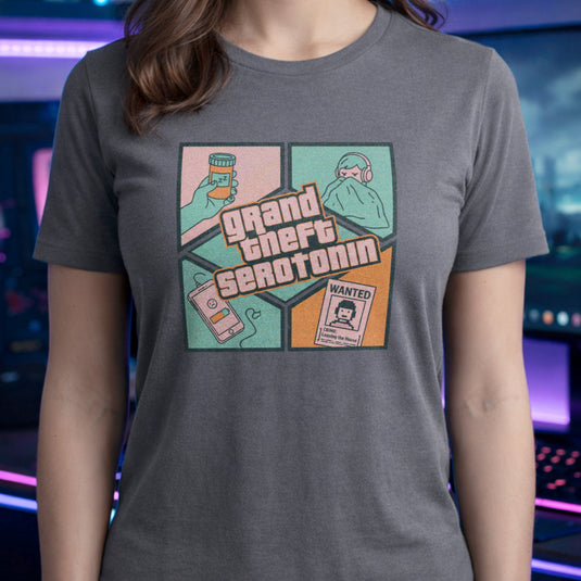 Translation missing: en.Graphite heather gamer tee graphic Grand Theft Serotonin with a wanted poster, low battery phone, sleeping pills, and person in blanket