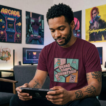Translation missing: en.Maroon gamer tee graphic Grand Theft Serotonin with a wanted poster, low battery phone, sleeping pills, and person in blanket