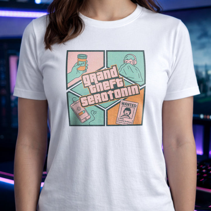 Translation missing: en.White gamer tee graphic Grand Theft Serotonin with a wanted poster, low battery phone, sleeping pills, and person in blanket