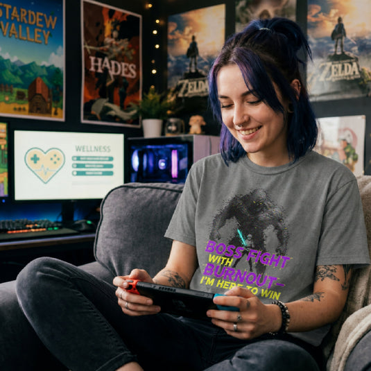 Translation missing: en.Graphite heather t-shirt with a glowing warrior facing a giant monster and purple text reading Boss Fight With Burnout