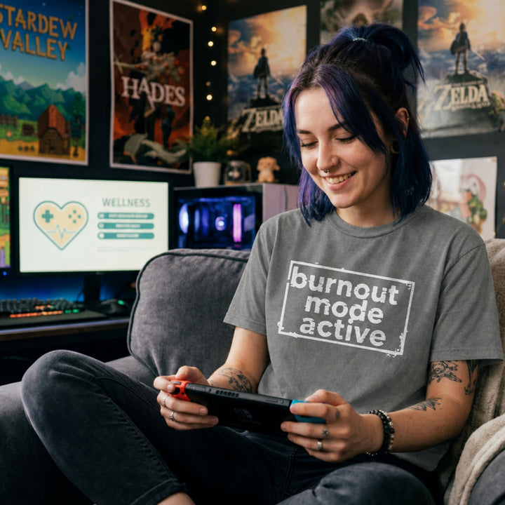 Translation missing: en.Graphite heather cotton t-shirt with 'burnout mode active' large text in a box