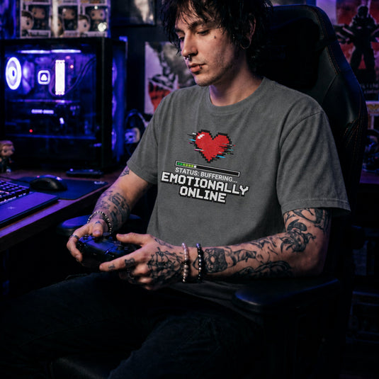 Translation missing: en.Graphite Heather Emotionally Online Gamer Tee With Retro Pixel Art Glitching Heart And Loading Bar