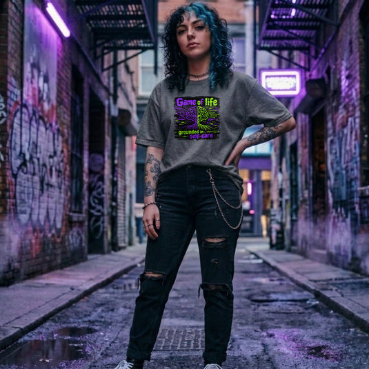 Translation missing: en.Graphite heather t-shirt with Game of life grounded in self-care neon graphic showing a circuit board brain tree design