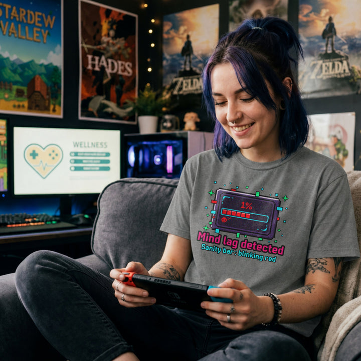 Translation missing: en.Graphite heather Cotton tee health bar box graphic text reading, "Mind lag detected" sub text Sanity Bar: blinking red 