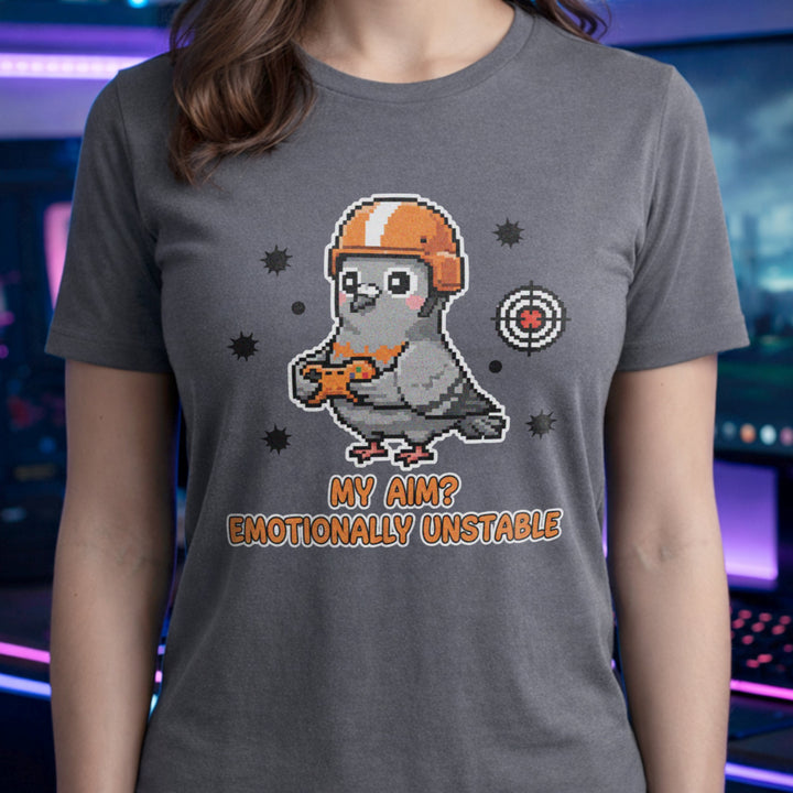 Translation missing: en.Graphite heather tee with cartoon pigeon gamer graphic and text, "MY AIM? EMOTIONALLY UNSTABLE