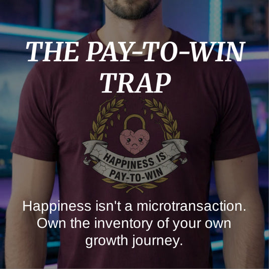 Translation missing: en.Image with overlay bold text 'THE PAY-TO-WIN TRAP'. sub caption "Happiness isn't a microtransaction. Own the inventory of your own growth journey."