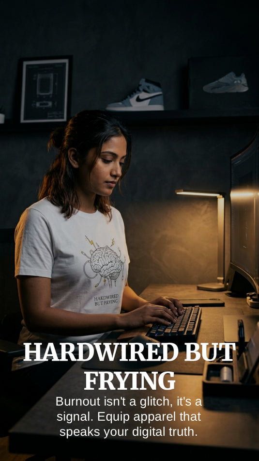 Translation missing: en.Image with overlay Text "HARDWIRED BUT FRYING" sub Text "Burnout isn't a glitch, it's a signal. Equip apparel that speaks your digital truth."