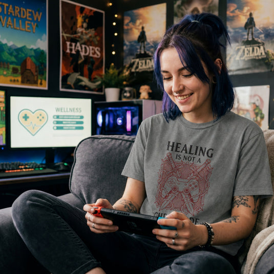 Translation missing: en.Graphite heather gamer tee graphic with crossed swords, controller, and thorns text Healing Is Not A Cheat Code. 