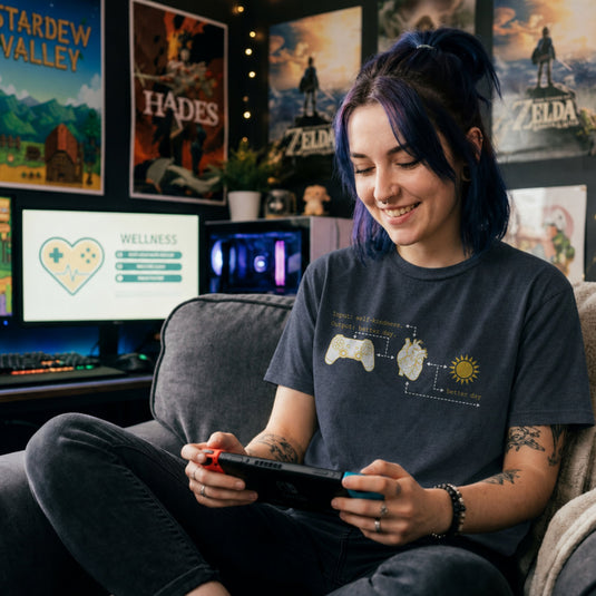Translation missing: en.Heather navy tee with gold flowchart connecting a game controller, anatomical heart, sun, and text Input self-kindness