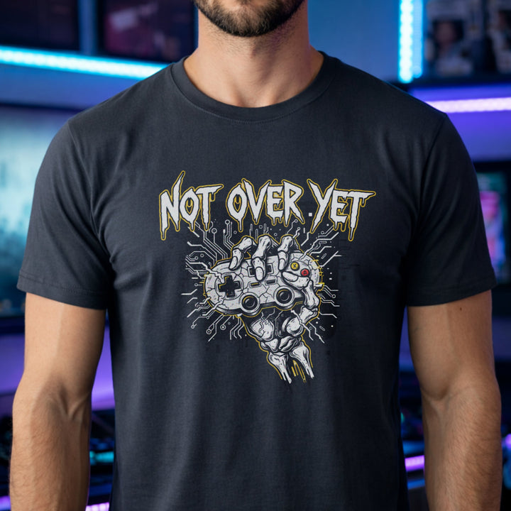 Translation missing: en.Heather Navy cotton tee with bone hand holding gamepad graphic text 'Not Over Yet'