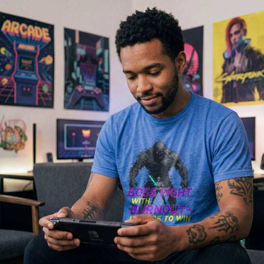 Translation missing: en.Heather Royal t-shirt with a glowing warrior facing a giant monster and purple text reading Boss Fight With Burnout