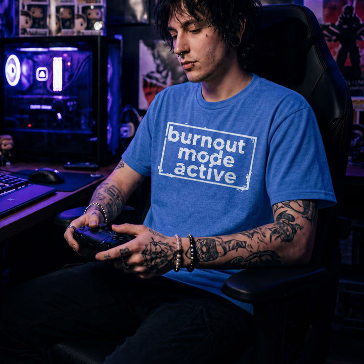 Translation missing: en.Heather royal cotton t-shirt with 'burnout mode active' large text in a box