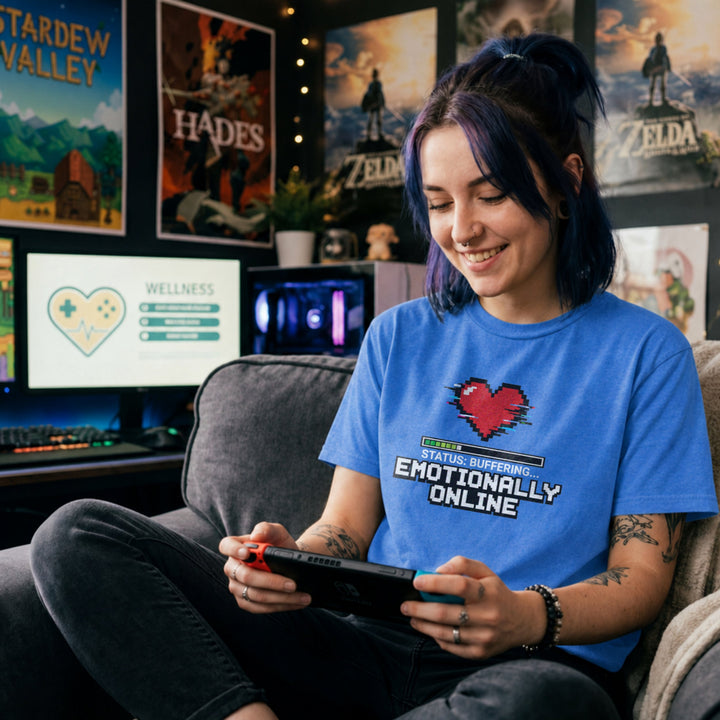 Translation missing: en.Heather Royal Emotionally Online Gamer Tee With Retro Pixel Art Glitching Heart And Loading Bar