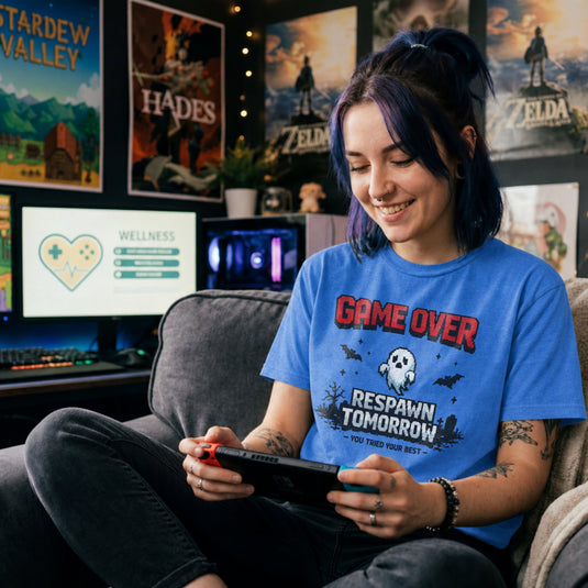 Translation missing: en.Heather royal tee with retro pixel text reading Game Over Respawn Tomorrow You Tried Your Best with a ghost and bats
