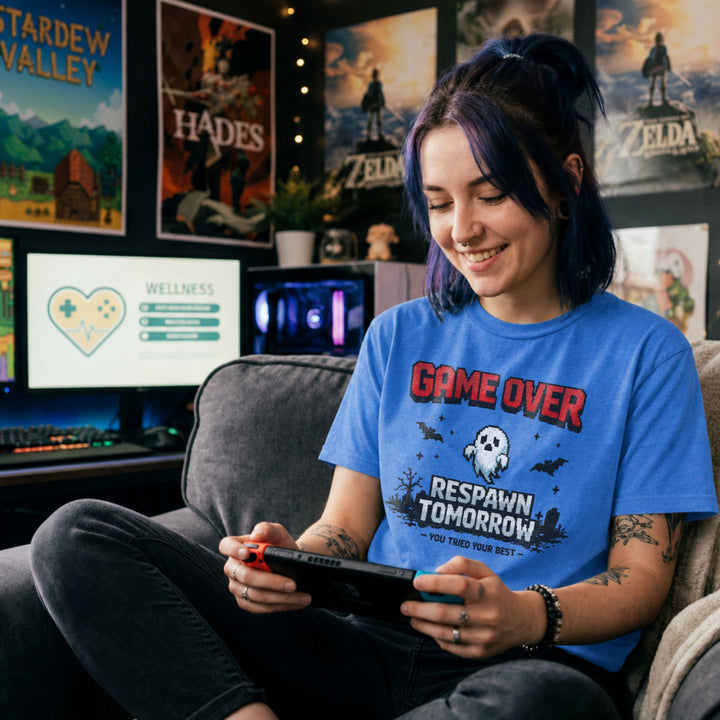 Translation missing: en.Heather royal tee with retro pixel text reading Game Over Respawn Tomorrow You Tried Your Best with a ghost and bats