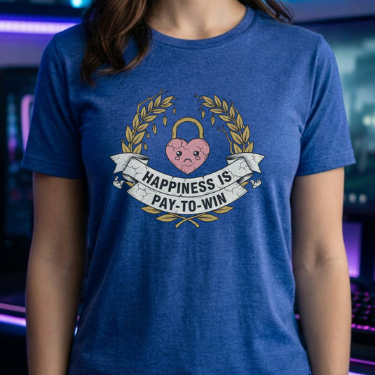 Translation missing: en.A heather royal t-shirt with a laurel wreath framing a locked pink heart and banner reading Happiness Is Pay-To-Win