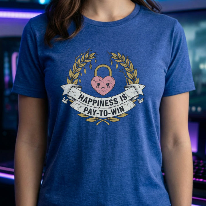 Translation missing: en.A heather royal t-shirt with a laurel wreath framing a locked pink heart and banner reading Happiness Is Pay-To-Win