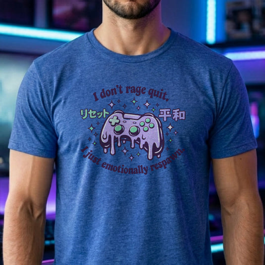 Translation missing: en.Heather royal t-shirt with a melting pastel purple controller and sparkles reading I don't rage quit I just emotionally respawn