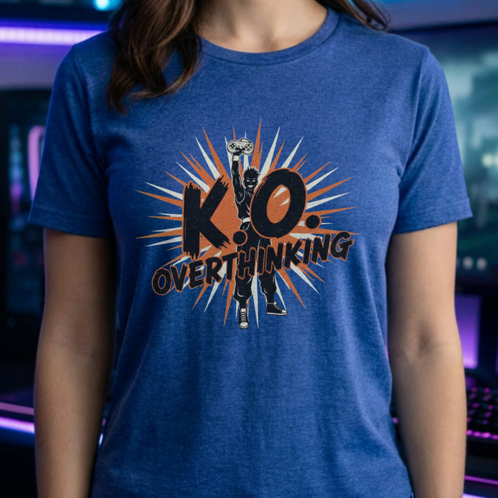 Translation missing: en.Heather royal shirt with a silhouette fighter holding a controller high, starburst graphic, and text K.O. Overthinking
