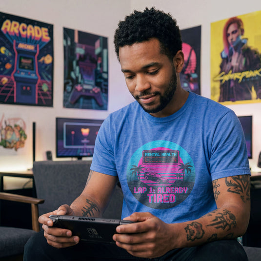 Translation missing: en.Heather Royal Cotton Tee With Neon Retro Synthwave Pixelated graphic Text, "Mental Health 1% Lap 1 Already Tired"