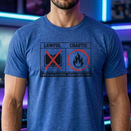 Translation missing: en.Heather royal t-shirt with a Lawful vs Chaotic grid graphic reading Tutorial Skipped. Chaos Selected 