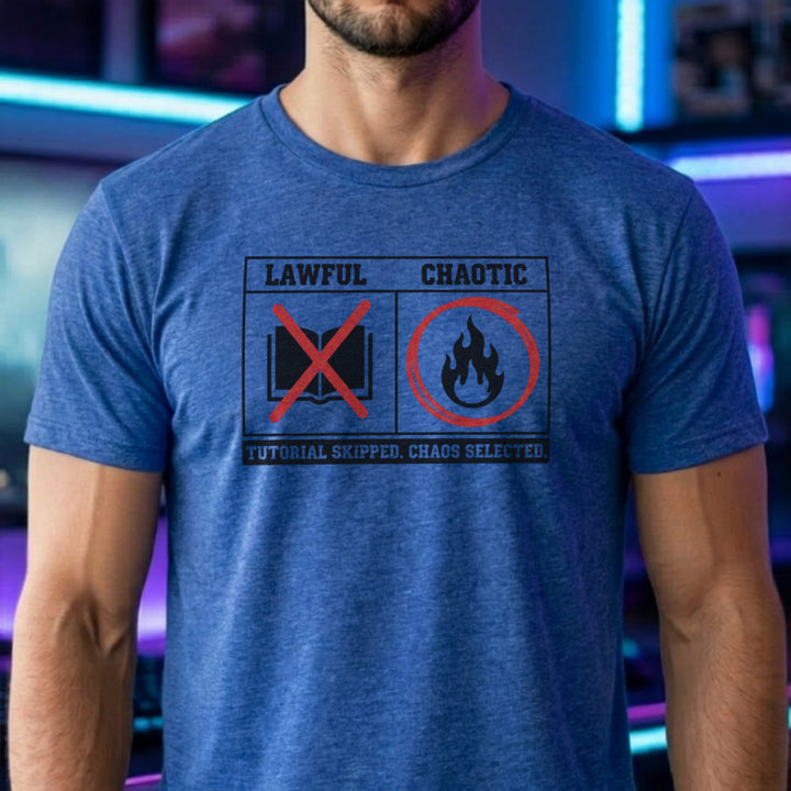 Translation missing: en.Heather royal t-shirt with a Lawful vs Chaotic grid graphic reading Tutorial Skipped. Chaos Selected 