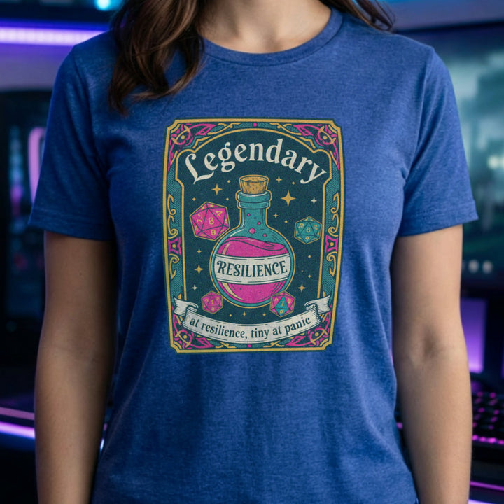 Translation missing: en.Heather royal cotton tee with dice and resilience potion tarot card graphic and text, "Legendary at resilience, tiny at panic"