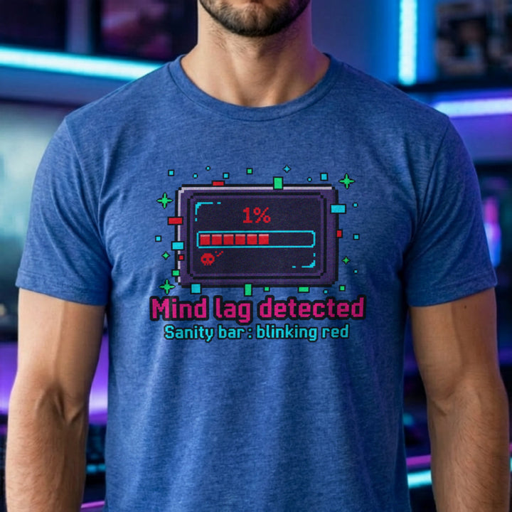 Translation missing: en.Heather royal Cotton tee health bar box graphic text reading, "Mind lag detected" sub text Sanity Bar: blinking red 