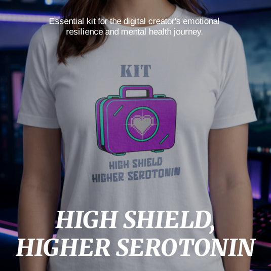 Translation missing: en.Image with overlaid text, "HIGH SHIELD, HIGHER SEROTONIN" and sub text "ESSENTIAL KIT FOR DIGITAL CREATOR'S EMOTIONAL RESILIENCE AND MENTAL HEALTH JOURNEY"
