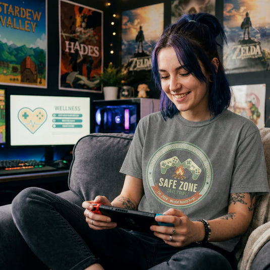 Translation missing: en.Graphite heather gamer tee logo with controllers, a campfire, and text International Society Of Low-Energy Gamers Safe Zone