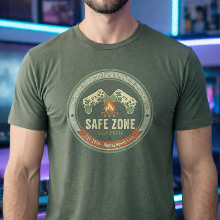Translation missing: en.military green gamer shirt logo with controllers, a campfire, and text International Society Of Low-Energy Gamers Safe Zone