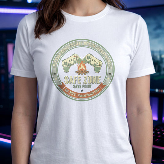 Translation missing: en.White gamer shirt logo with controllers, a campfire, and text International Society Of Low-Energy Gamers Safe Zone