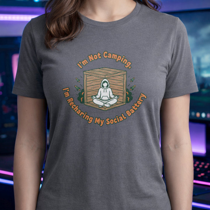 Translation missing: en.graphite heather gamer tee graphic with text I'm Not Camping, I'm Recharging My Social Battery and person in a wooden box